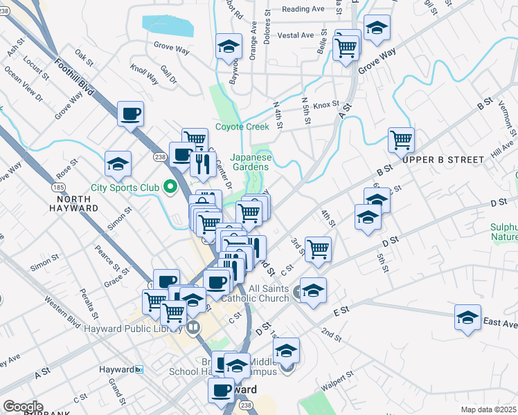 map of restaurants, bars, coffee shops, grocery stores, and more near 1289 Russell Way in Hayward