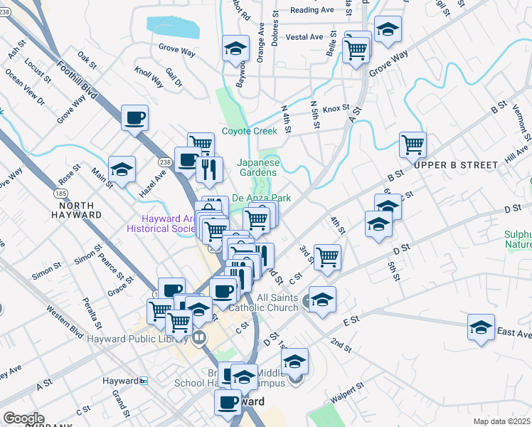 map of restaurants, bars, coffee shops, grocery stores, and more near 1275 A Street in Hayward