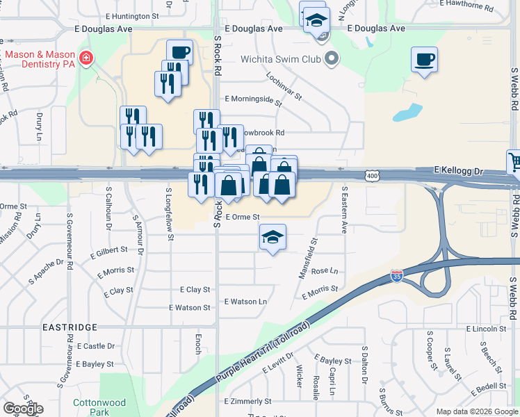 map of restaurants, bars, coffee shops, grocery stores, and more near 600 South Eastmoor Street in Wichita