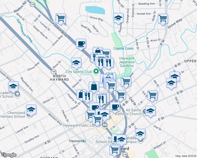 map of restaurants, bars, coffee shops, grocery stores, and more near 22248 Main Street in Hayward