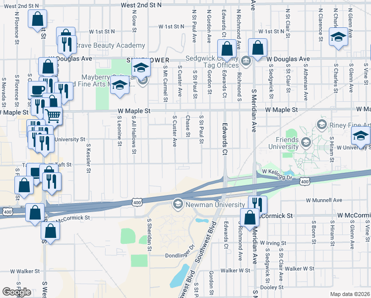 map of restaurants, bars, coffee shops, grocery stores, and more near 629 Chase Street in Wichita