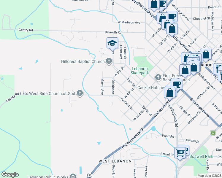 map of restaurants, bars, coffee shops, grocery stores, and more near 743 Barlow Street in Lebanon