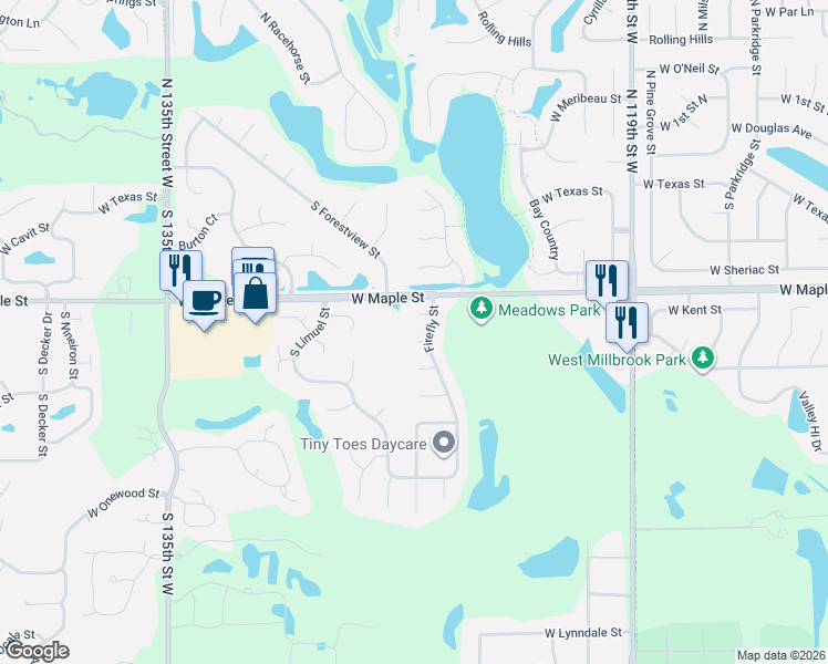 map of restaurants, bars, coffee shops, grocery stores, and more near 309 Firefly Court in Wichita