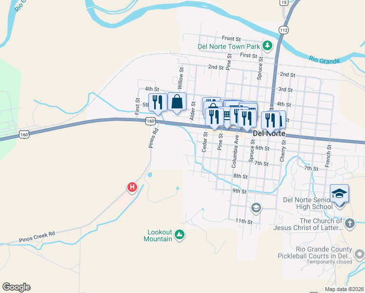 map of restaurants, bars, coffee shops, grocery stores, and more near 595 Alder Street in Del Norte
