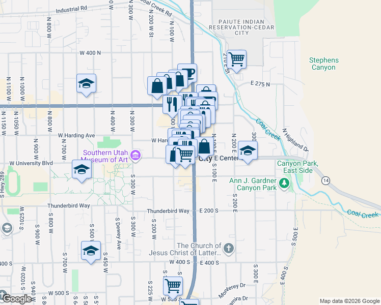 map of restaurants, bars, coffee shops, grocery stores, and more near 44 West Harding Avenue in Cedar City