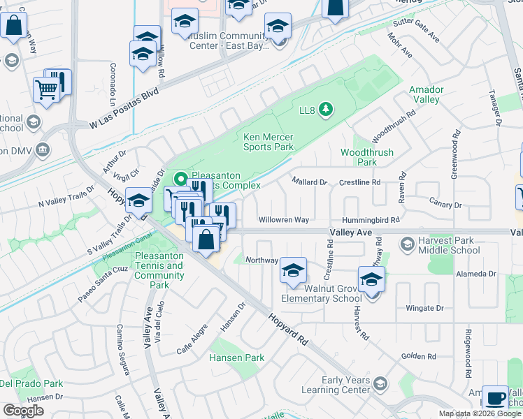 map of restaurants, bars, coffee shops, grocery stores, and more near 2796 Willowren Way in Pleasanton