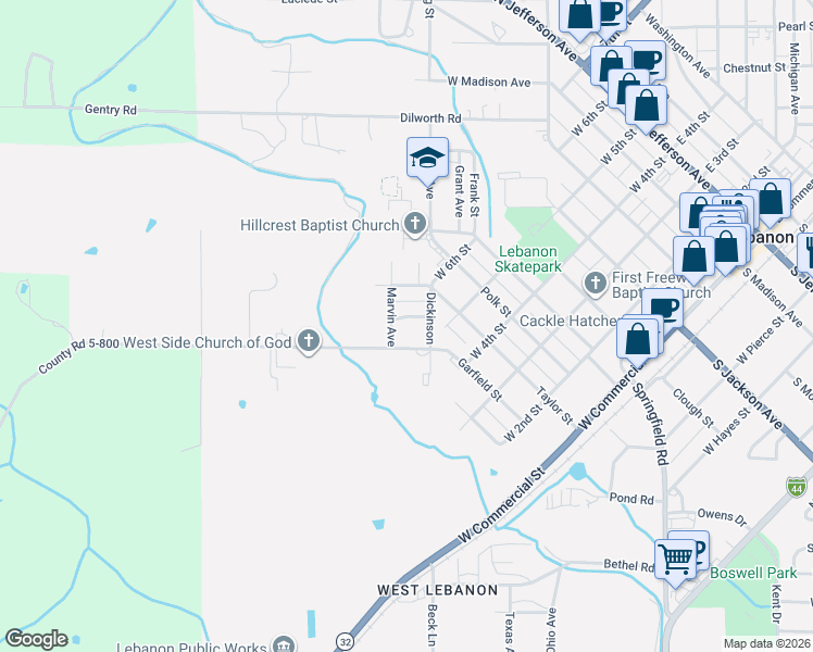 map of restaurants, bars, coffee shops, grocery stores, and more near 743 Barlow Street in Lebanon