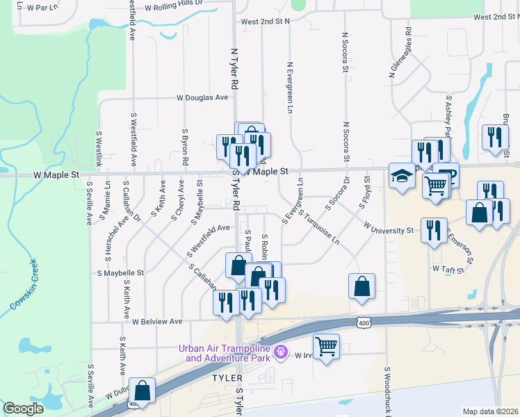 map of restaurants, bars, coffee shops, grocery stores, and more near 8700 West University Street in Wichita