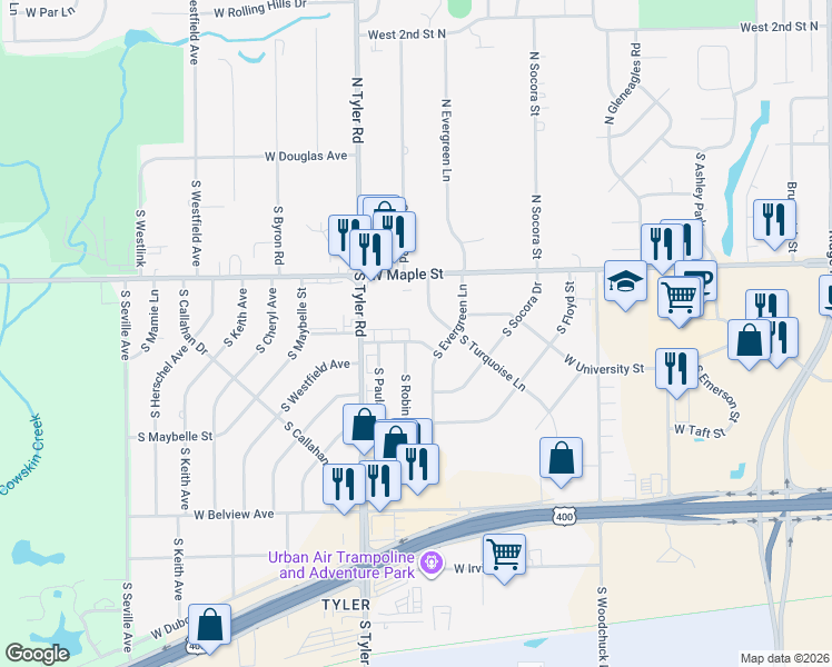 map of restaurants, bars, coffee shops, grocery stores, and more near 8624 West University Street in Wichita