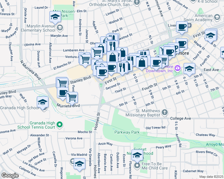 map of restaurants, bars, coffee shops, grocery stores, and more near 236 South R Street in Livermore