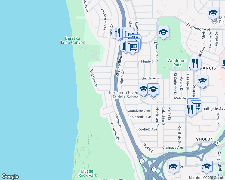 map of restaurants, bars, coffee shops, grocery stores, and more near 424 Higate Drive in Daly City