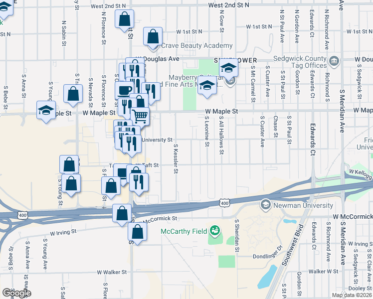 map of restaurants, bars, coffee shops, grocery stores, and more near 3520 West University Street in Wichita