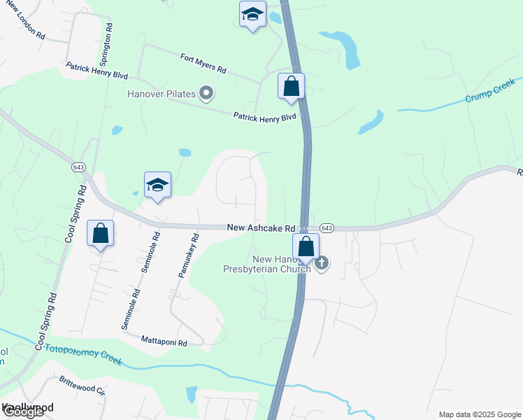 map of restaurants, bars, coffee shops, grocery stores, and more near 10112 Georgie Drive in Mechanicsville