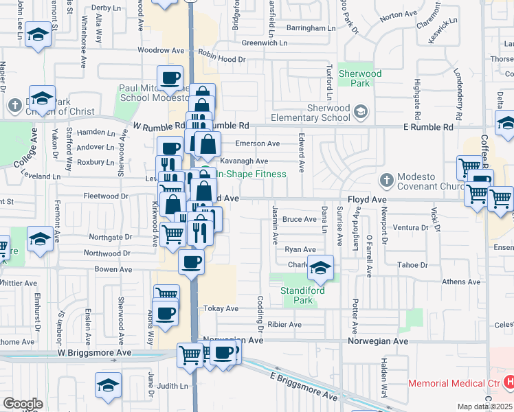 map of restaurants, bars, coffee shops, grocery stores, and more near 224 Floyd Avenue in Modesto