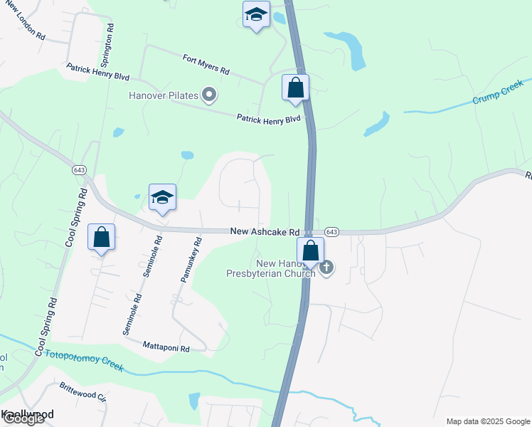 map of restaurants, bars, coffee shops, grocery stores, and more near 10112 Georgie Drive in Mechanicsville
