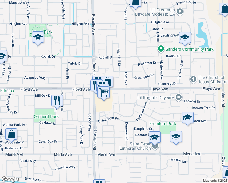 map of restaurants, bars, coffee shops, grocery stores, and more near 3112 Edgeview Dr in Modesto
