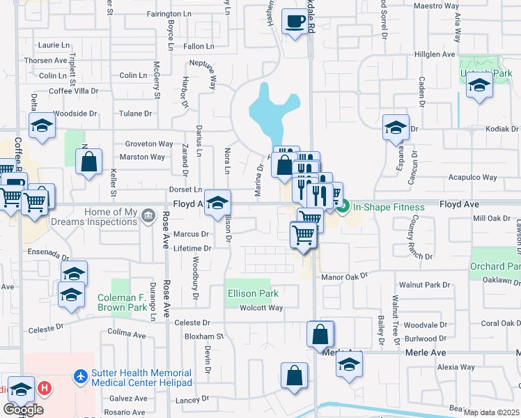 map of restaurants, bars, coffee shops, grocery stores, and more near 2036 Dorset Lane in Modesto
