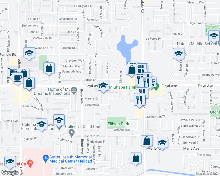 map of restaurants, bars, coffee shops, grocery stores, and more near 2012 Dorset Lane in Modesto
