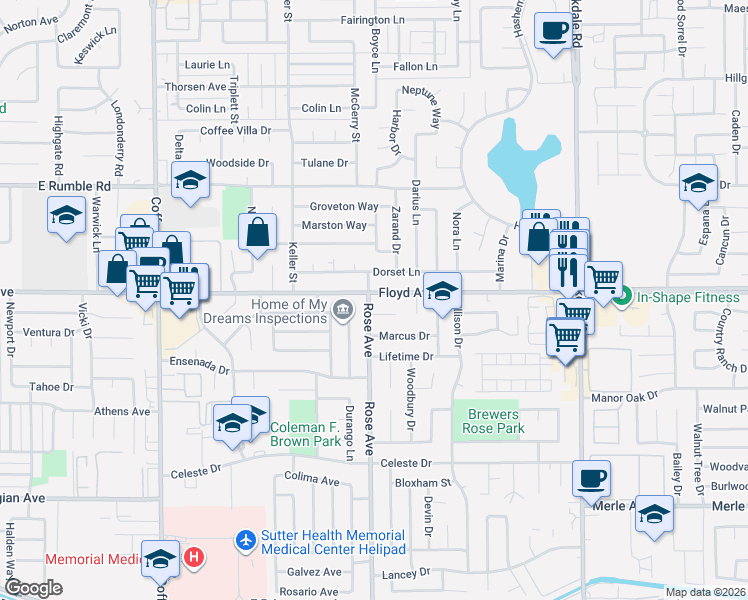 map of restaurants, bars, coffee shops, grocery stores, and more near 1812 Dorset Lane in Modesto