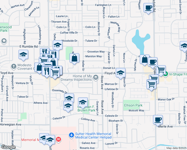 map of restaurants, bars, coffee shops, grocery stores, and more near 1616 Dorset Lane in Modesto