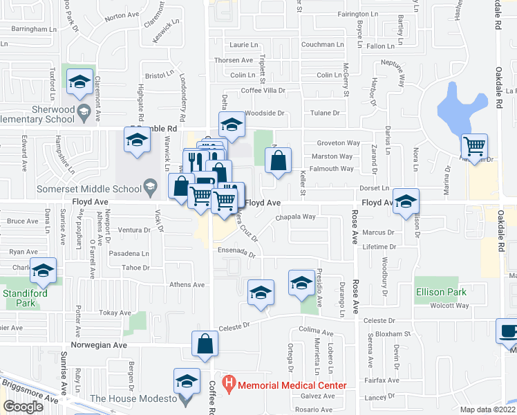 map of restaurants, bars, coffee shops, grocery stores, and more near in Modesto