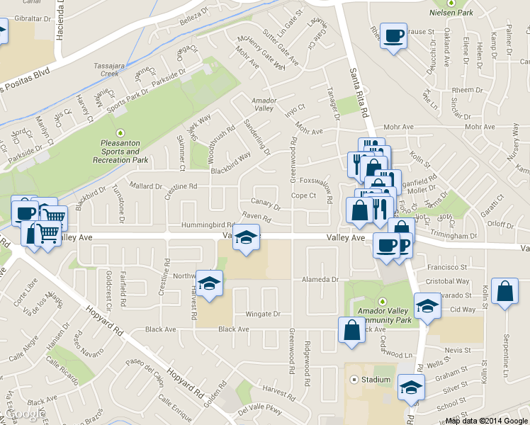 map of restaurants, bars, coffee shops, grocery stores, and more near 4893 Canary Drive in Pleasanton