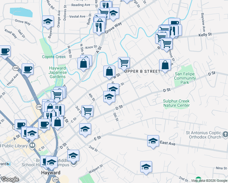 map of restaurants, bars, coffee shops, grocery stores, and more near 1618 C Street in Hayward