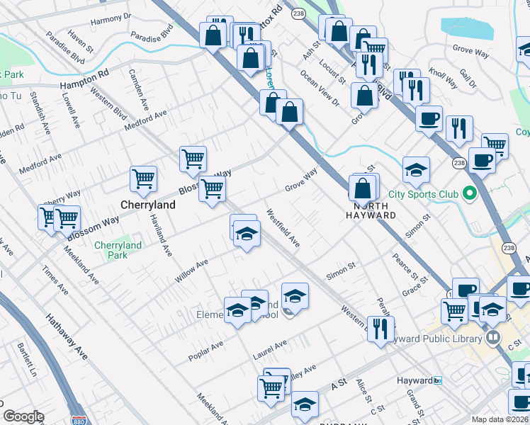 map of restaurants, bars, coffee shops, grocery stores, and more near 641 Grove Way in Hayward