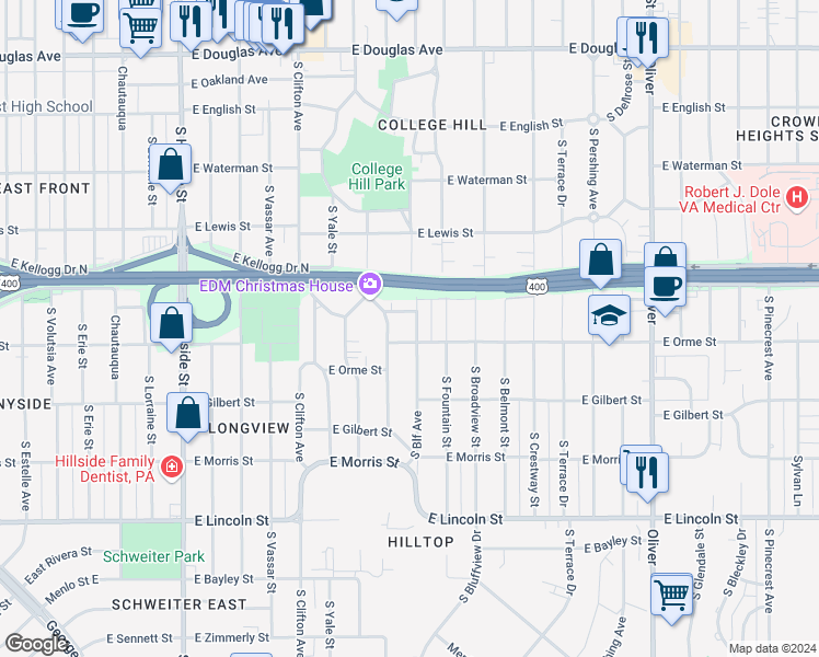 map of restaurants, bars, coffee shops, grocery stores, and more near 3914 East Longview Lane in Wichita