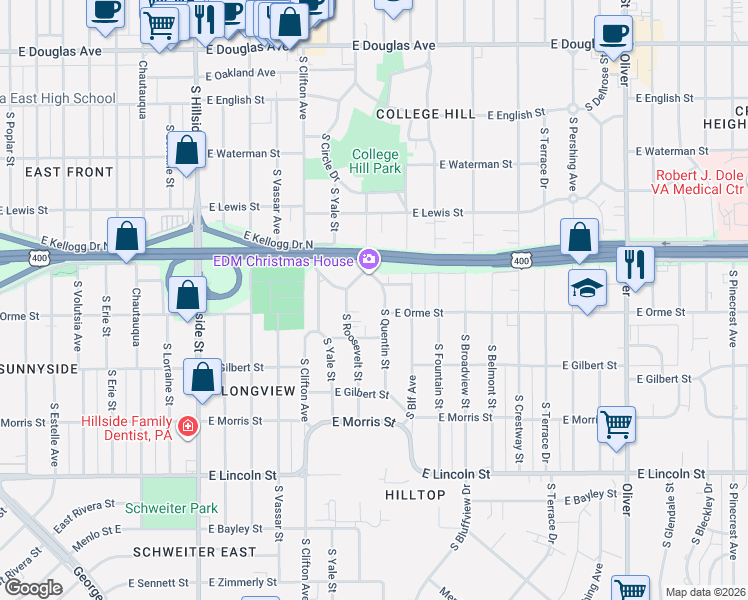 map of restaurants, bars, coffee shops, grocery stores, and more near 3805 East Longview Lane in Wichita