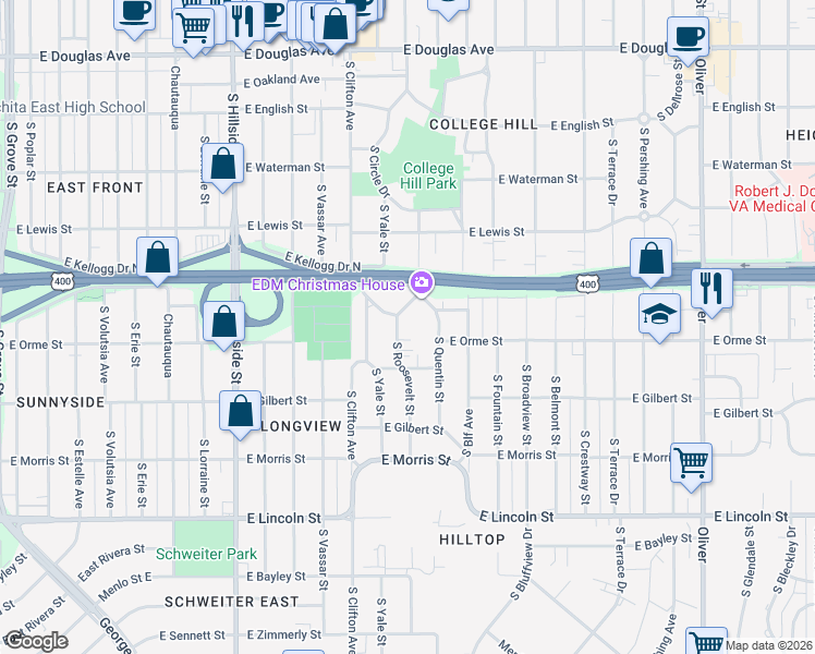 map of restaurants, bars, coffee shops, grocery stores, and more near 3805 East Longview Lane in Wichita