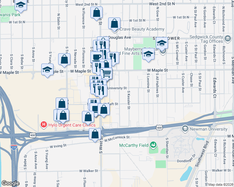 map of restaurants, bars, coffee shops, grocery stores, and more near 3824 West University Street in Wichita