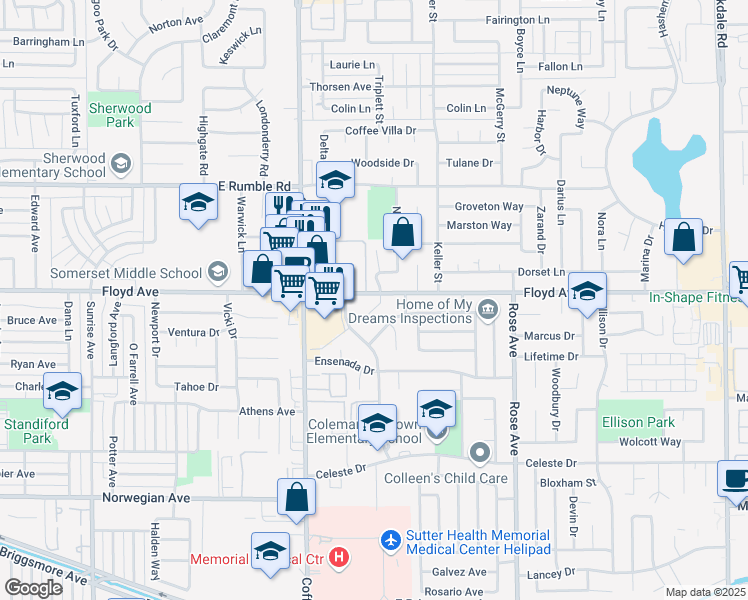 map of restaurants, bars, coffee shops, grocery stores, and more near 2517 Liberty Court in Modesto