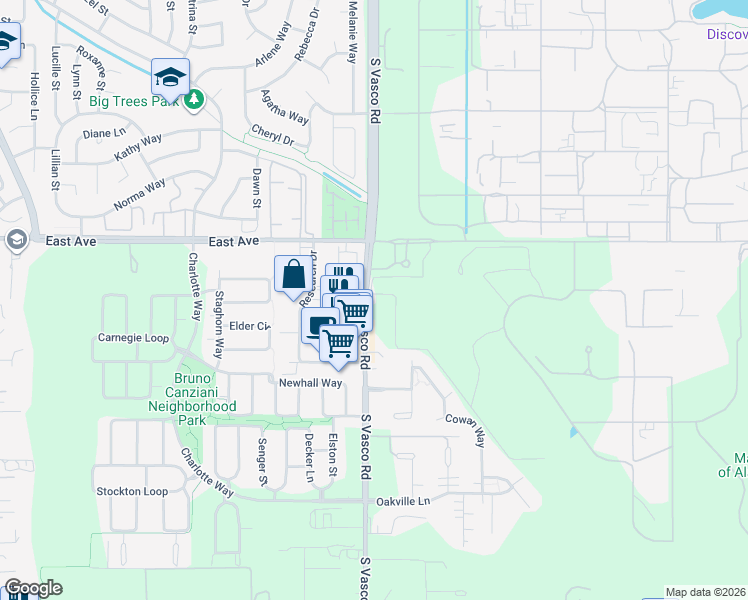 map of restaurants, bars, coffee shops, grocery stores, and more near 2072 South Vasco Road in Livermore