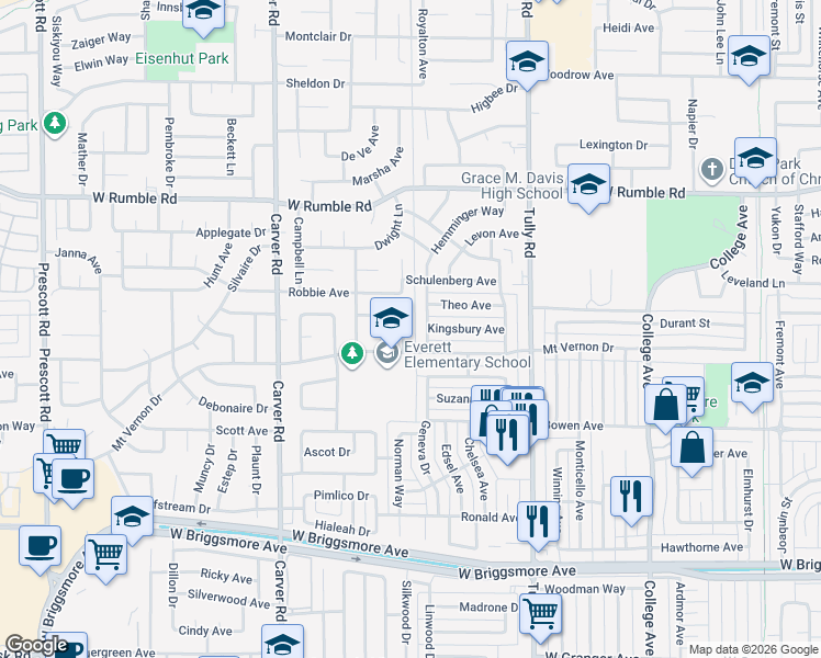 map of restaurants, bars, coffee shops, grocery stores, and more near 2508 Cheryl Lane in Modesto