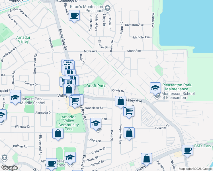 map of restaurants, bars, coffee shops, grocery stores, and more near 1565 Trimingham Drive in Pleasanton
