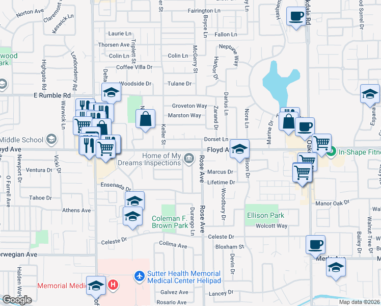 map of restaurants, bars, coffee shops, grocery stores, and more near 1720 Floyd Avenue in Modesto