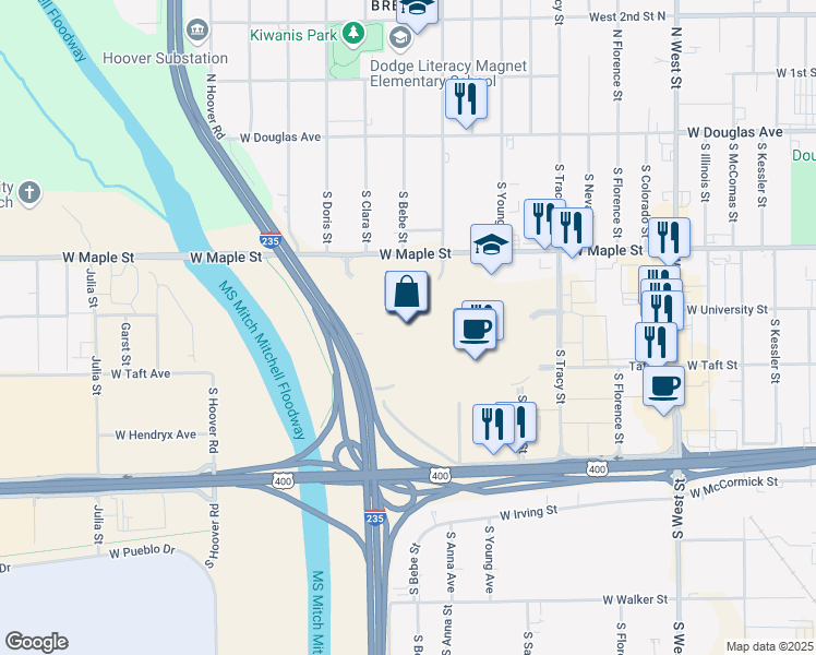 map of restaurants, bars, coffee shops, grocery stores, and more near 4600 West Kellogg Drive in Wichita