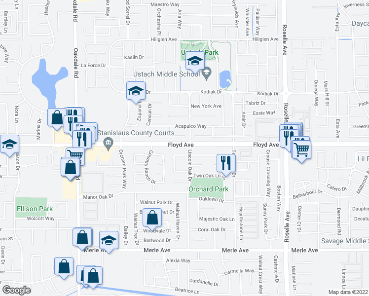 map of restaurants, bars, coffee shops, grocery stores, and more near 2536 Floyd Avenue in Modesto