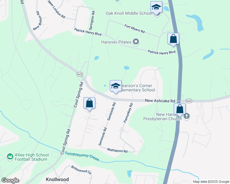 map of restaurants, bars, coffee shops, grocery stores, and more near 8290 New Ashcake Road in Mechanicsville