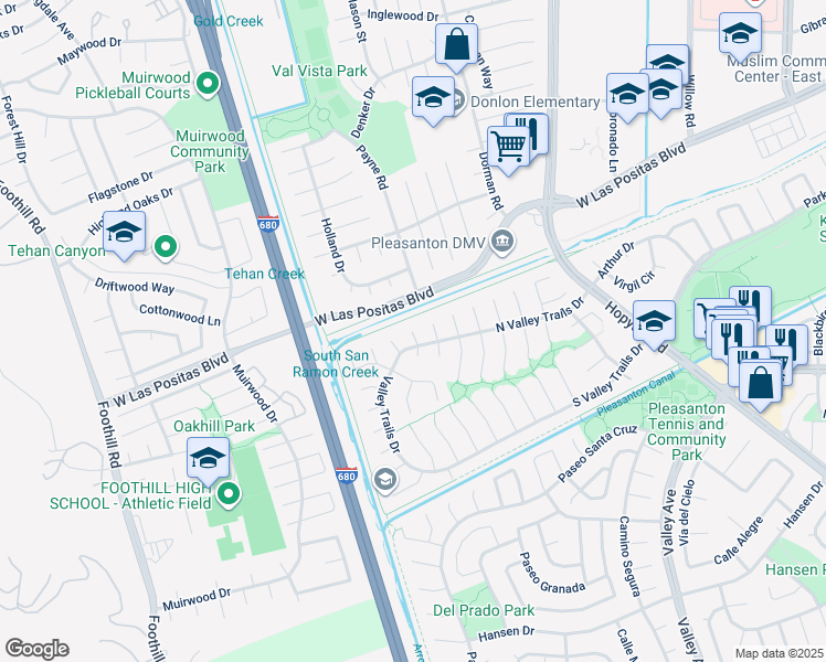 map of restaurants, bars, coffee shops, grocery stores, and more near Yosemite Court North in Pleasanton