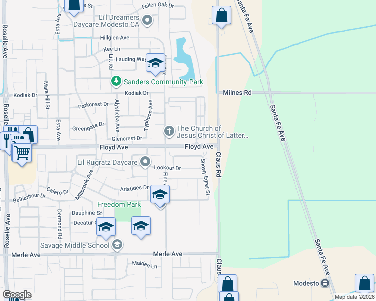 map of restaurants, bars, coffee shops, grocery stores, and more near 3893 Purple Finch Lane in Modesto
