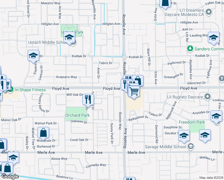 map of restaurants, bars, coffee shops, grocery stores, and more near 2832 Prosperity Court in Modesto