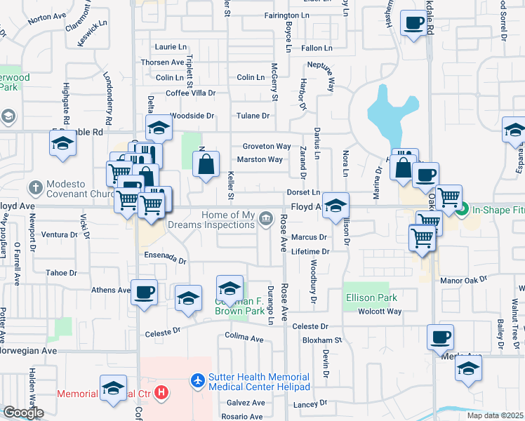 map of restaurants, bars, coffee shops, grocery stores, and more near 1714 Floyd Avenue in Modesto