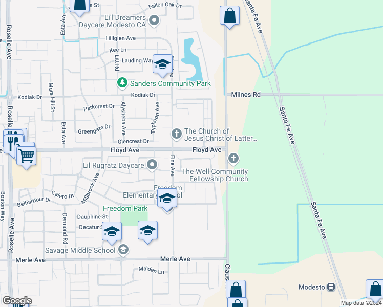 map of restaurants, bars, coffee shops, grocery stores, and more near 3873 Purple Finch Lane in Modesto