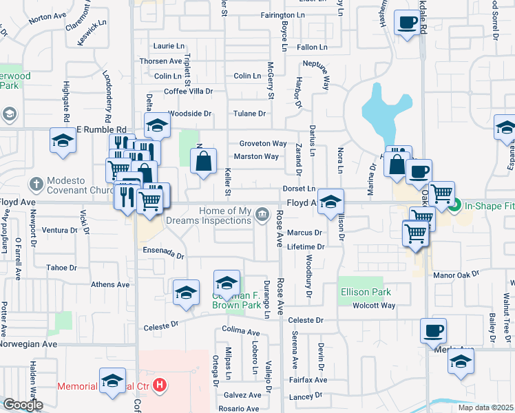 map of restaurants, bars, coffee shops, grocery stores, and more near 1712 Floyd Avenue in Modesto