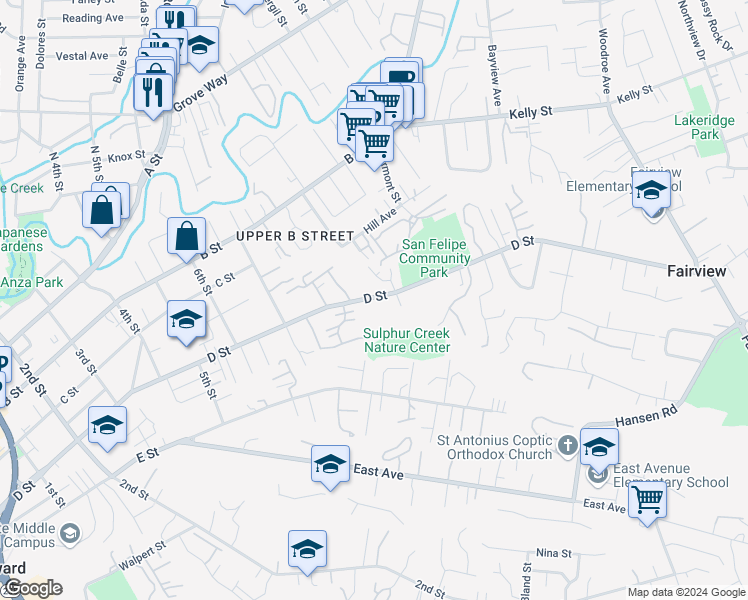 map of restaurants, bars, coffee shops, grocery stores, and more near 1801 D Street in Hayward