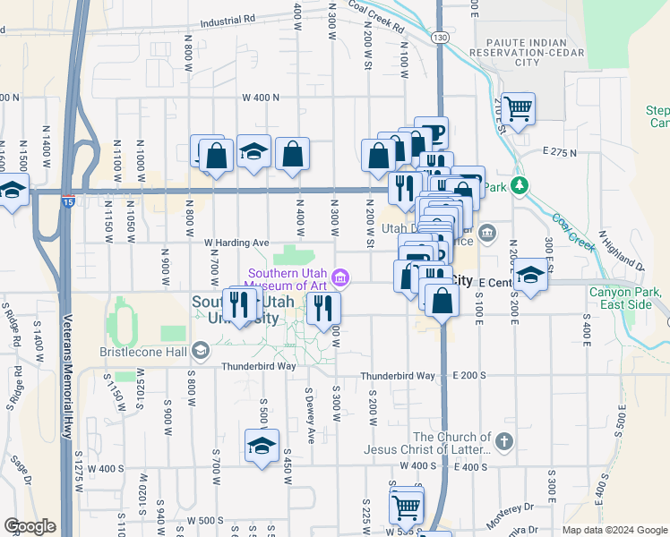 map of restaurants, bars, coffee shops, grocery stores, and more near 21 North 300 West in Cedar City