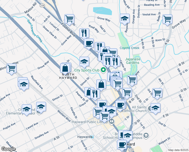 map of restaurants, bars, coffee shops, grocery stores, and more near 1005 Imperial Place in Hayward