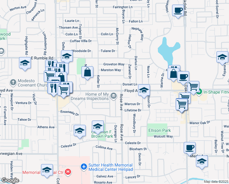 map of restaurants, bars, coffee shops, grocery stores, and more near 1712 Dorset Lane in Modesto